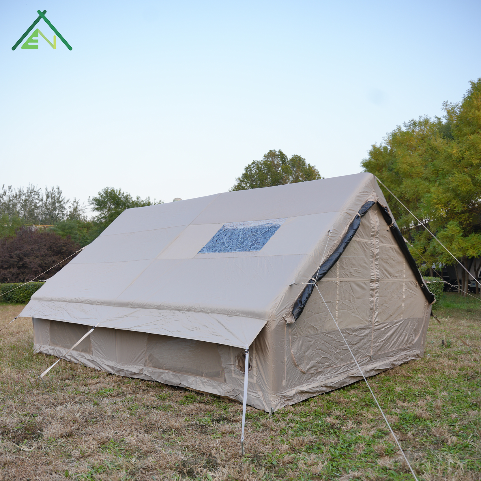 AT-12-53LB Black-Coated Inflatable Tent with Chimney and AC Ports