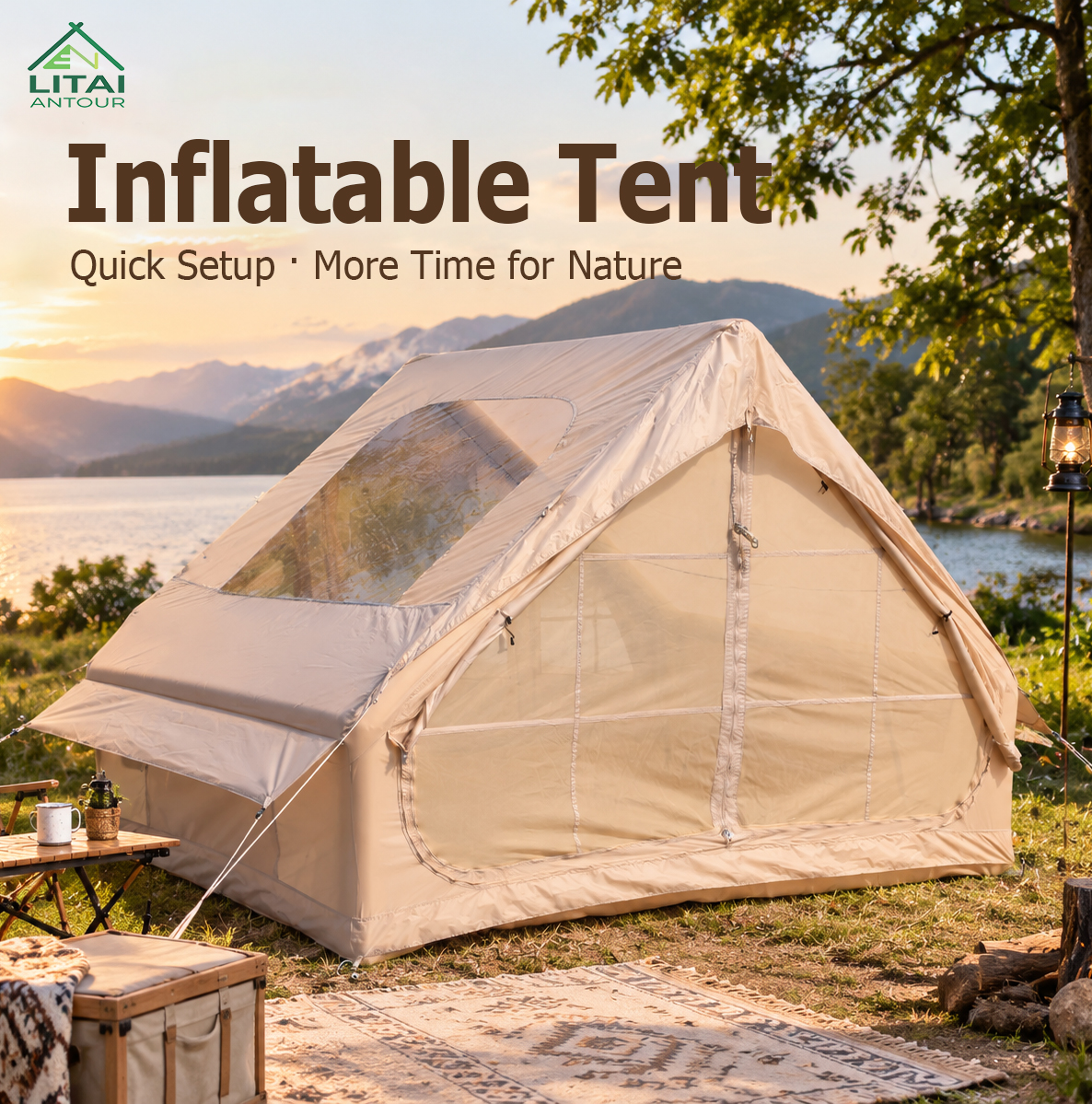 Inflatable tent with connected awning and outdoor porch