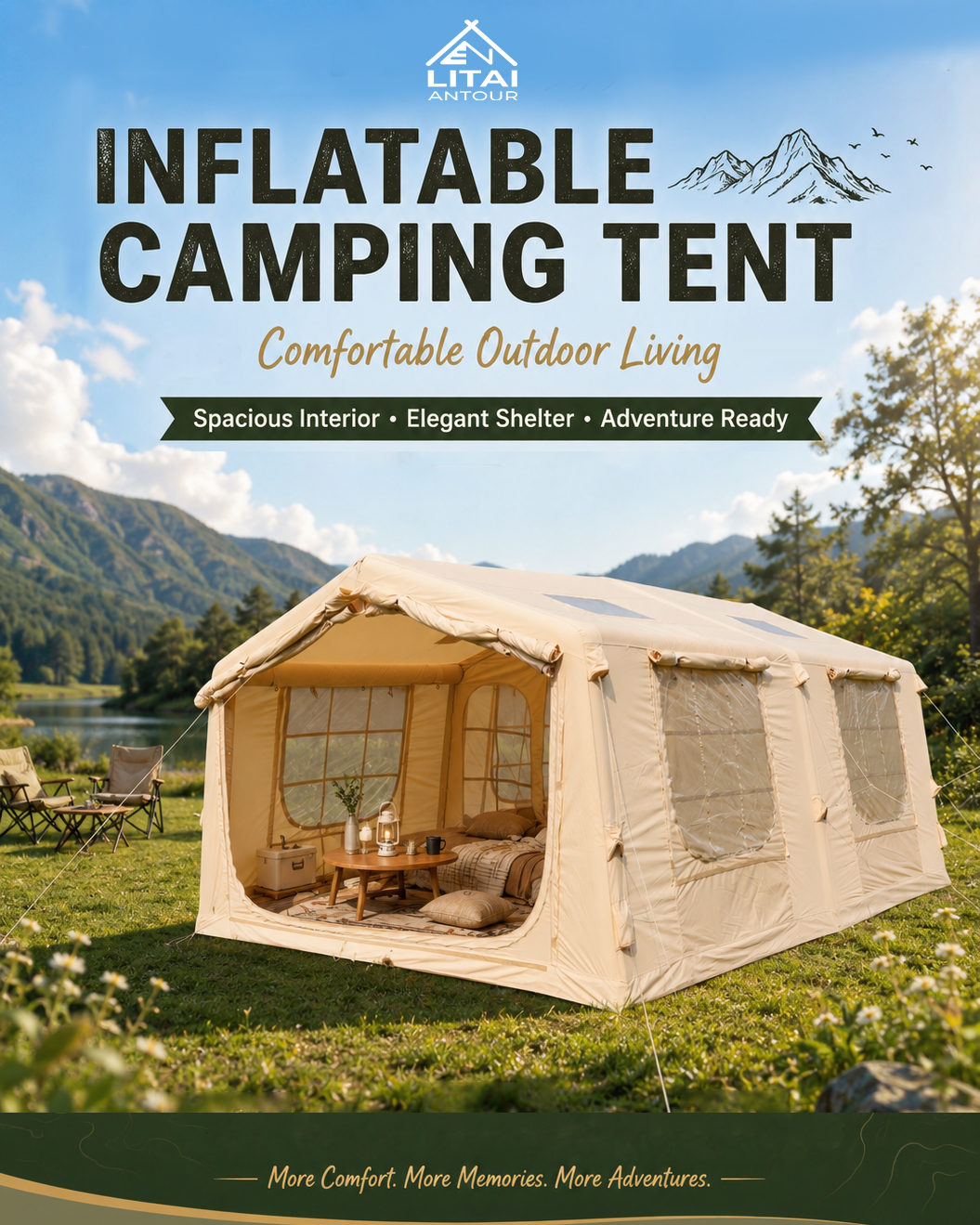 Inflatable tent with open front and mesh panels for ventilation