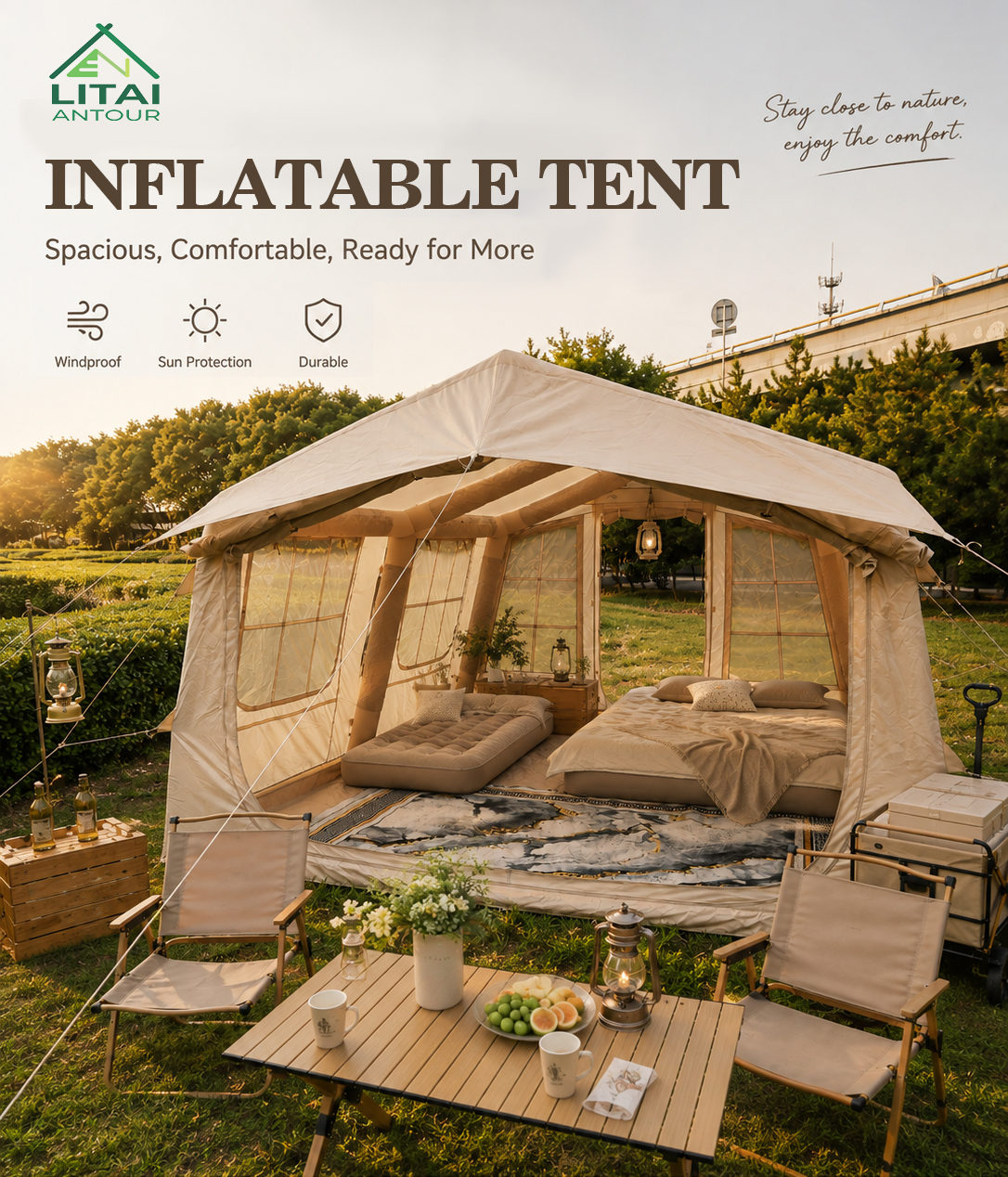 Inflatable tent wind rating and waterproofing