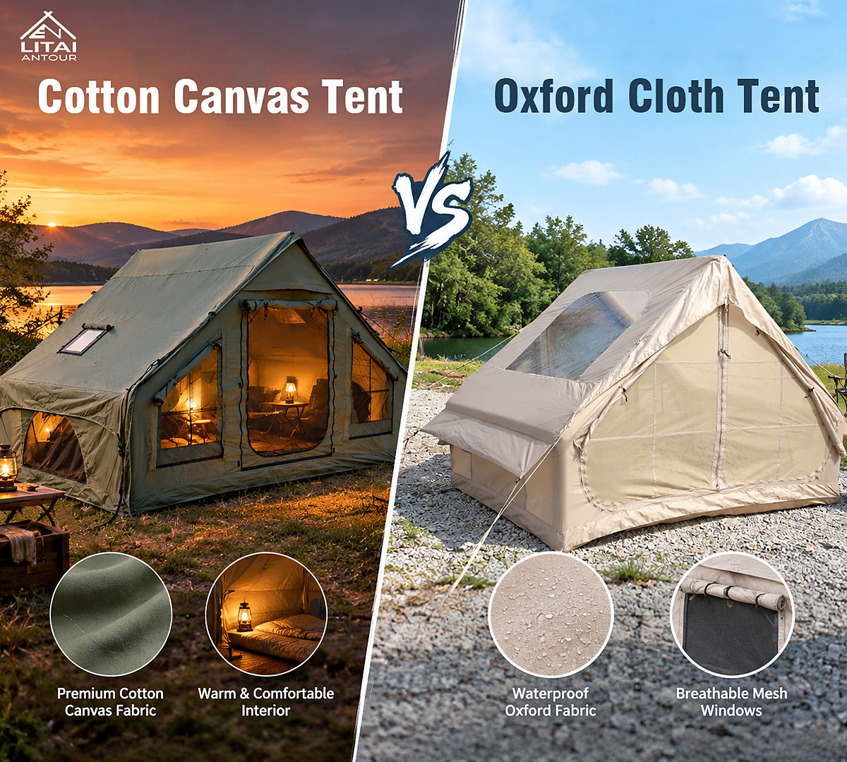 Commercial <a href=https://www.cntjtent.com/Inflatable-tent.html target='_blank'>inflatable tent</a> pitched at a campsite next to frame and bell tent options