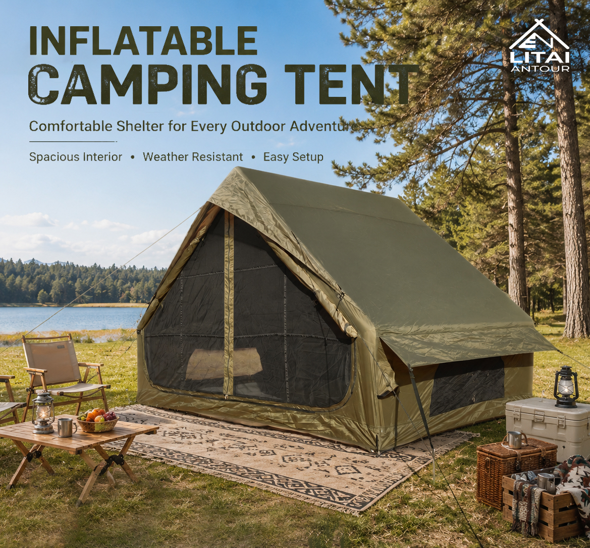 Air pump connected to an inflatable tent air beam during setup