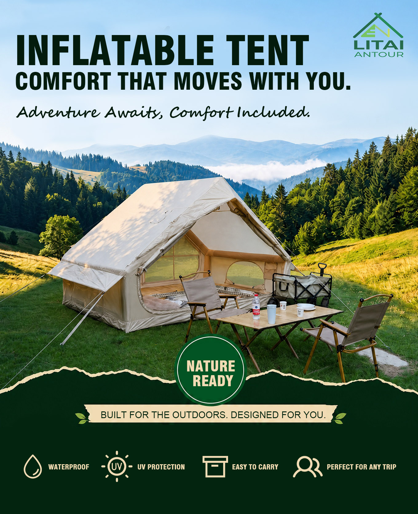 Inflatable glamping tents in commercial use at a resort campsite