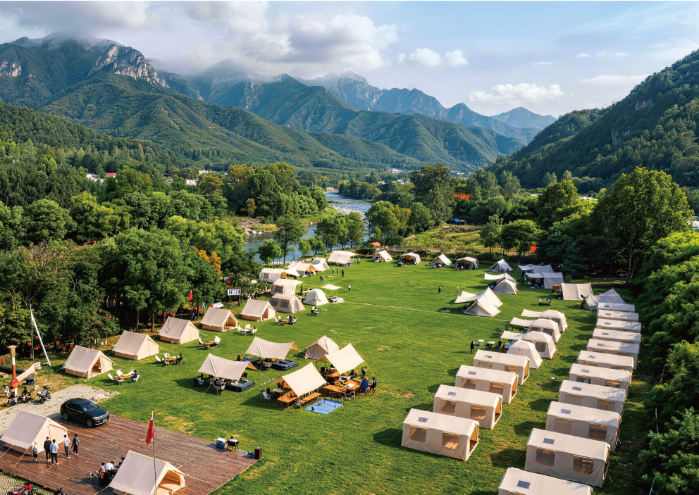 Glamping tents pitched at a resort campsite for commercial accommodation